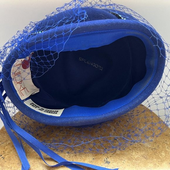 Vintage Women's Blue Mesh Veil Pillbox Fascinator Cap w/ Rhinestone Bow and Lace - Picture 13 of 15